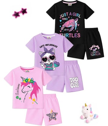 Kuchipoo Girls Cotton Blend T-shirt & Shorts Set ( Multicolor 2 , Pack of 3 )