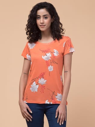 Hive91 Orange T-Shirt Floral Pattern Viscose With Round Neck XXL