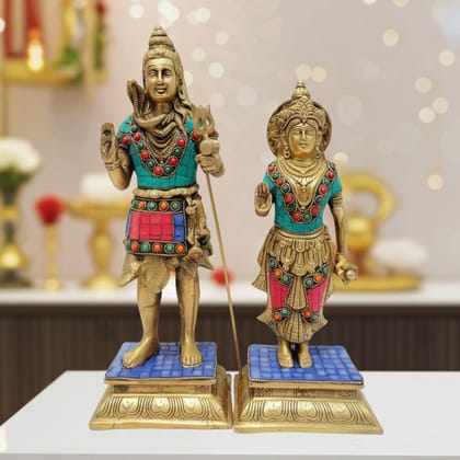 Brass Shiv Parvati Pair God Idol - Divine Couple Statue, Height : 13.9 Inch (BSMAS127)