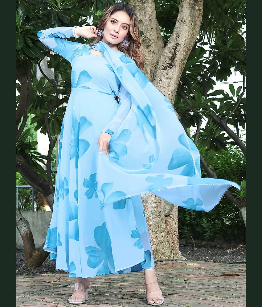 Femvy Pack of 1 Cotton Blend Printed Flared Women's Kurti with Dupatta - ( Blue )