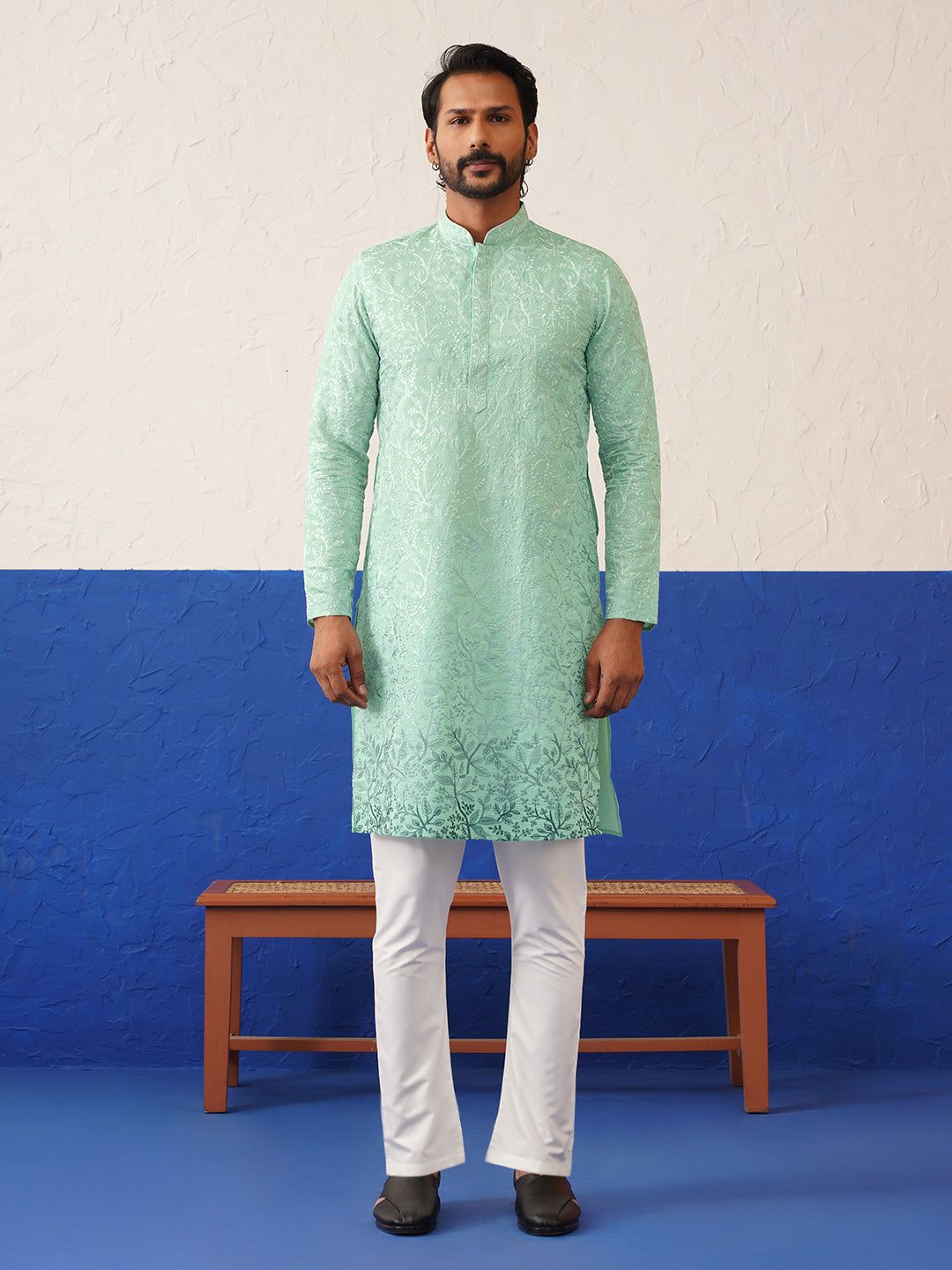 Powder Green Embroidered Kurta Set-XS/36 / Kurta Churidaar Set