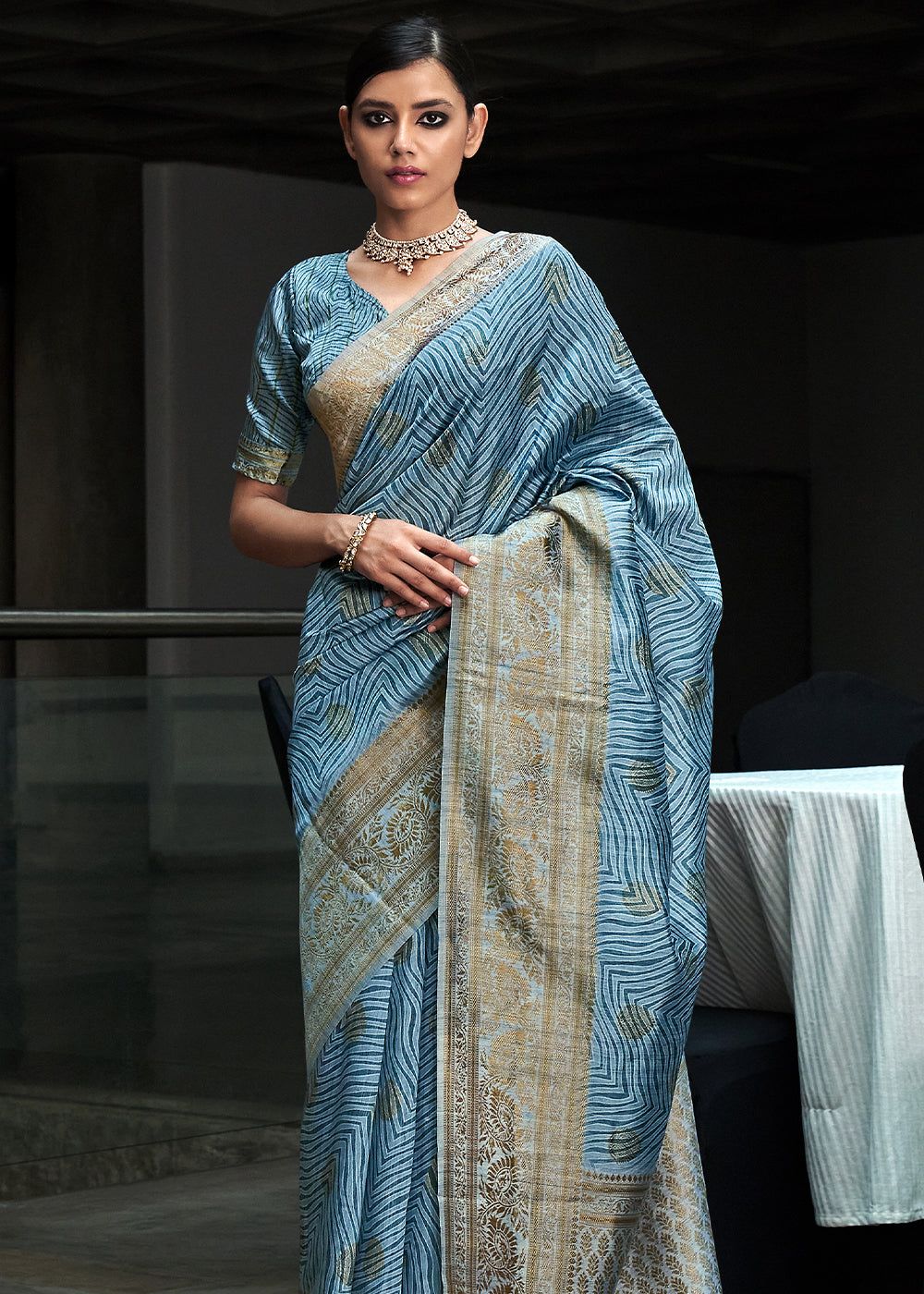 Milky Blue Woven Banarasi Silk Saree With Digital Print