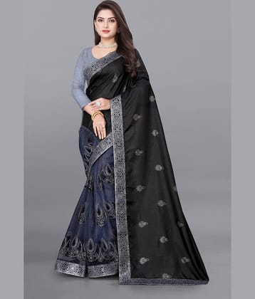 Lady Shopi Silk Embellished Saree With Unstitched Blouse Piece ( Black )