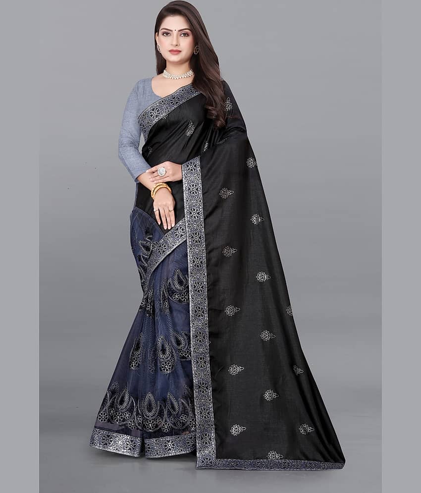 Lady Shopi Silk Embellished Saree With Unstitched Blouse Piece ( Black )