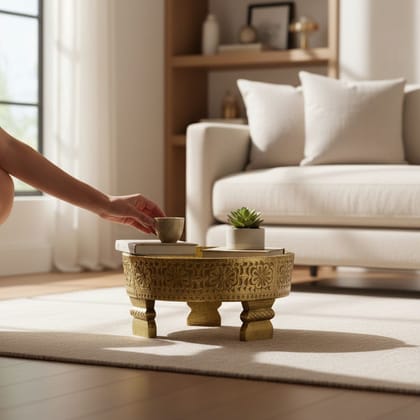 VMAntique Decor Handicraft Chakki Table, Bedroom Decors Lamp-Table, Brass Embossed Wooden Grinder Table, Coffee Table Cum Cocktail Table