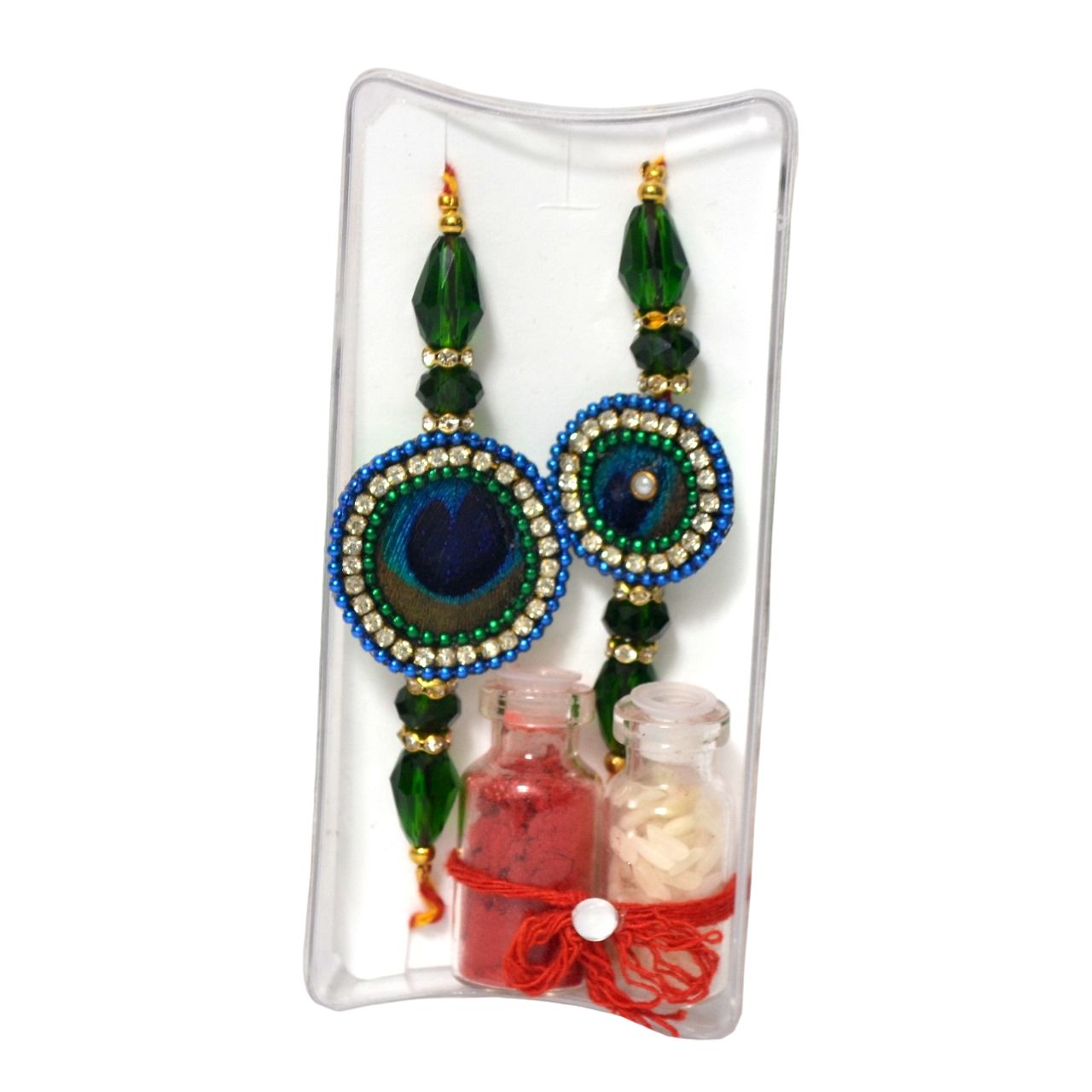 Exquisite Peacock Feather Rakhi Combo for Bhaiyya & Bhabhi - Handmade with Roli & Akshat