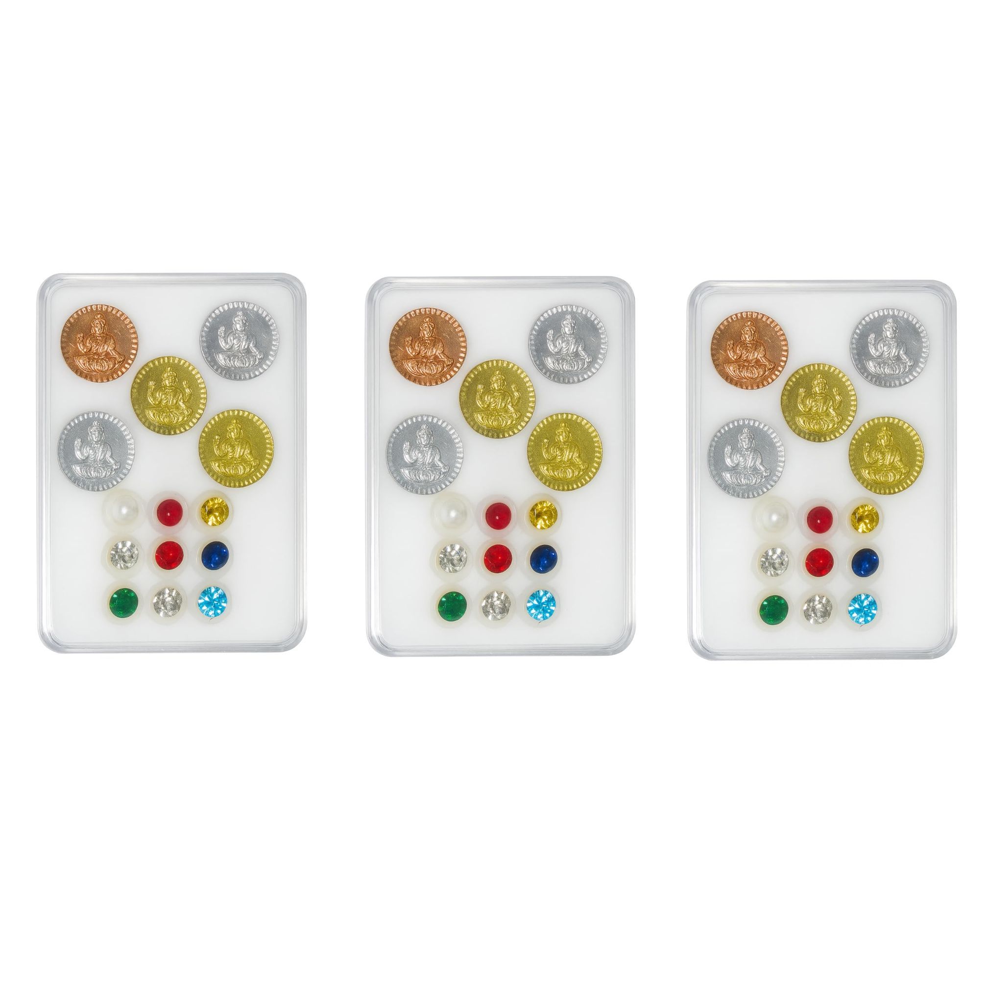 Navarathna Panchaloha Pooja Kit (Set of 3) � Panchalogam Lakshmi Coins and Navaratna Gemstones for Positive Energy and Ritual Balance � Traditional Vaasthu and Bhoomi Pooja Set