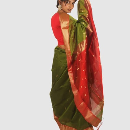 Olive Green Maheshwari Silk Saree with Diamond Border and Khat Buti