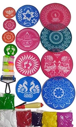 Rangoli Kit (Large) 10 inch stainsils 4, 8 Inch stainsils 4, 4 Inch stainsils,Colour Filler 5 Original Send Colour Packet 5 (200 gram Each),Drawing Pen 1, Border Roller 1n