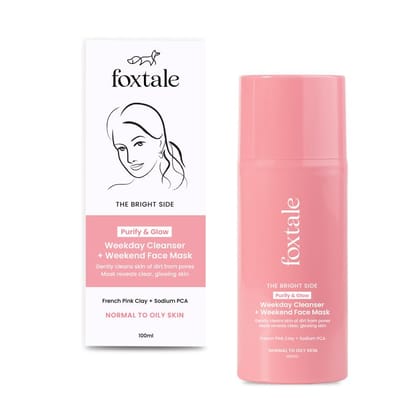 Foxtale Purify & Glow Cleanser + Clay Mask - Deep Cleanses Pores, Exfoliating Glow Facial, Instantly Gives Bright Skin, For Normal, Oily and Combination Skin, Men & Women - 100ml Foxtale Purify & Glow Cleanser + Clay Mask - Deep Cleanses Pores, Exfoliati