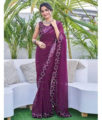 Samah Georgette Embellished Saree With Unstitched Blouse Piece ( Purple )