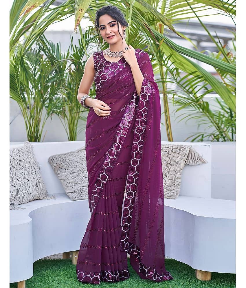 Samah Georgette Embellished Saree With Unstitched Blouse Piece ( Purple )