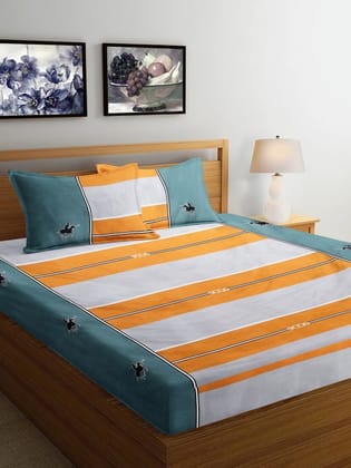 Grey & Orange Coloured Striped 300 TC King Bedsheet with 2 Pillow Covers