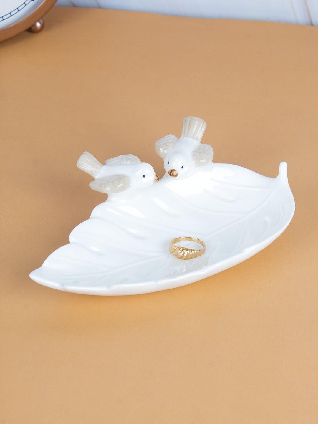 Jewellery Holder Tray, Crafted Bird, for Dressing Table, Ring Dash, Rectangular, White, Ceramic