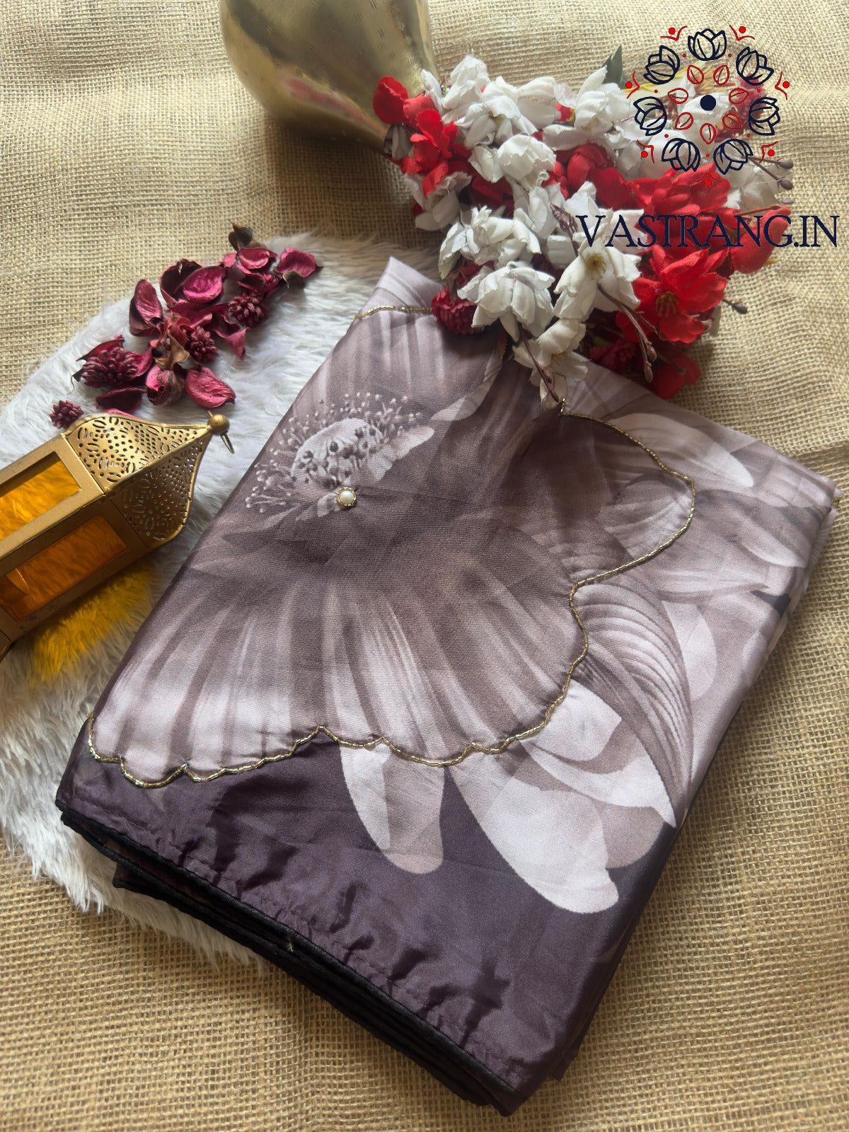 New Partywear Coffee Color Pure Crepe Satin Silk Print n Handwork Fancy Designer Saree With Unstitched Blouse