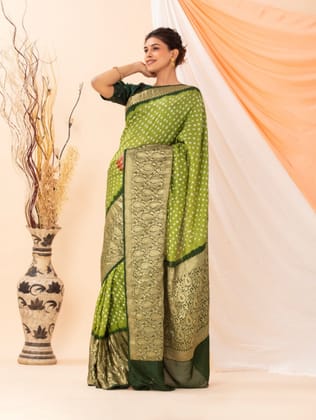Green Banarasi Bandhani Saree