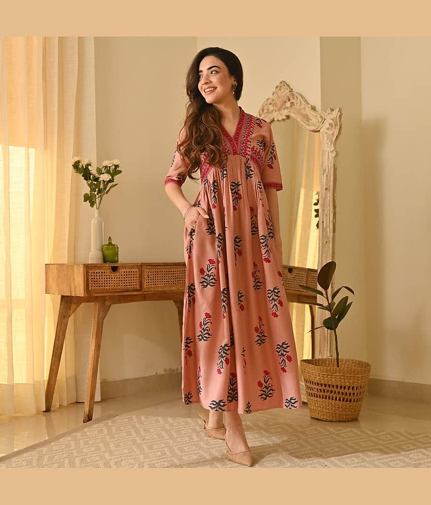 ETZIN Women Rayon Printed Anarkali Kurti ( Pink )