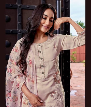 Royal Export Pack of 1 Chanderi Embroidered Straight Women's Kurti with Dupatta - ( Beige )