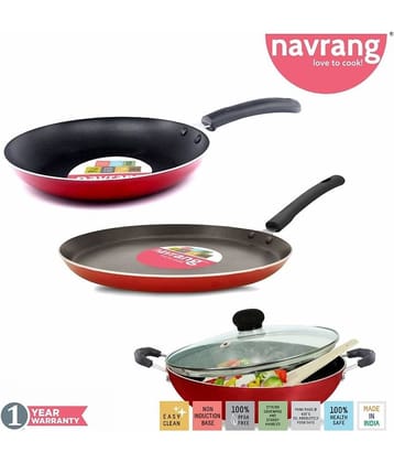Navrang Non Stick Aluminium 3 Piece Gift Set Kadai 240 mm, Tawa 275 mm , Frypan 240mm  With Glass Lid , Red , -Non Induction '