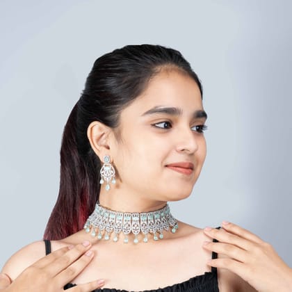Silver Studded Celadon Diamond Choker Set
