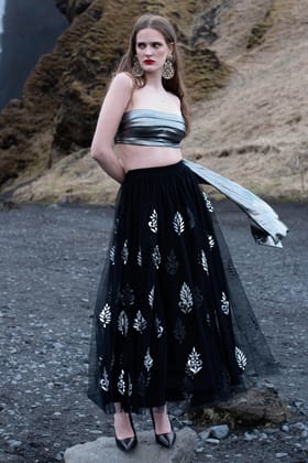 SILVER AND BLACK APPLIQUE MAXI SKIRT SET-XS / XXS