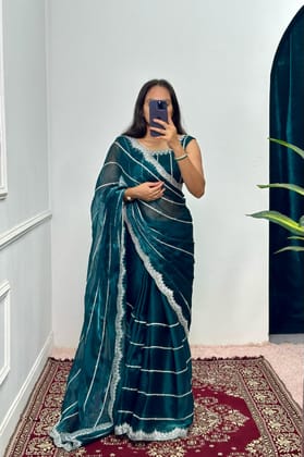 Fantastic Embroidery Zari Work Teal Blue Color Saree