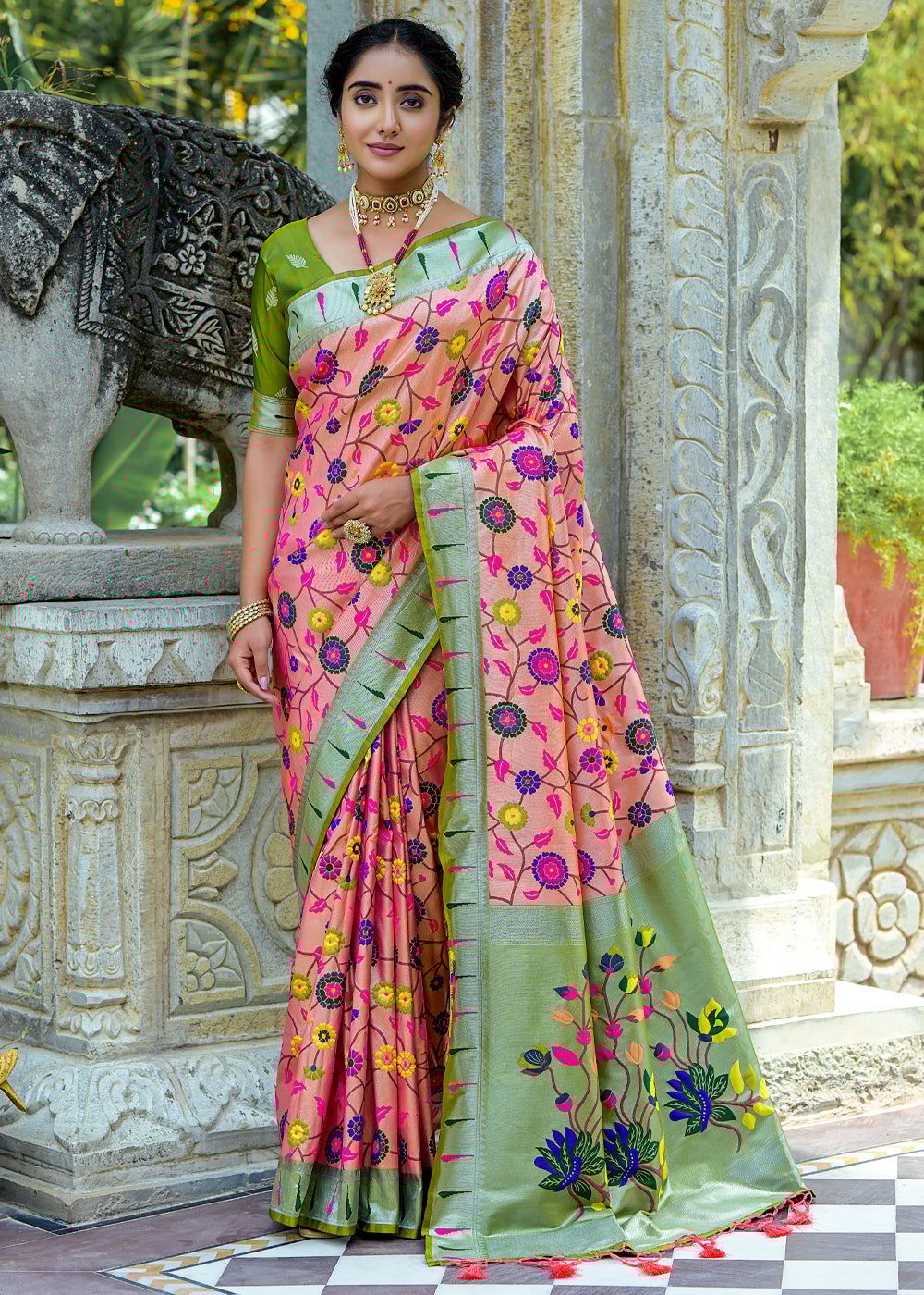 Festive Pink And Green Woven Paithani Silk Saree