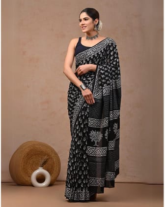 Blockprinted Pure Mul Cotton Serene Black Saree