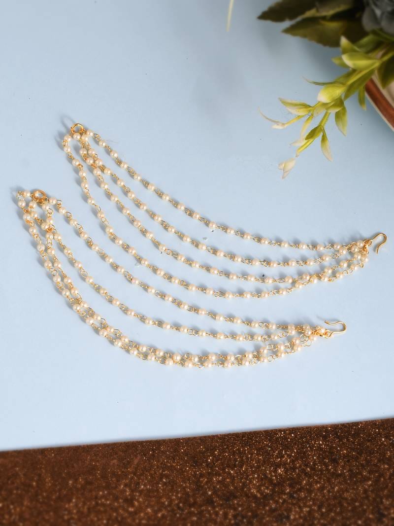NVR Pearl Studded Classic Gold-Plated 4 Line Ear Chain Ear Cuff-Onesize / Gold / Brass