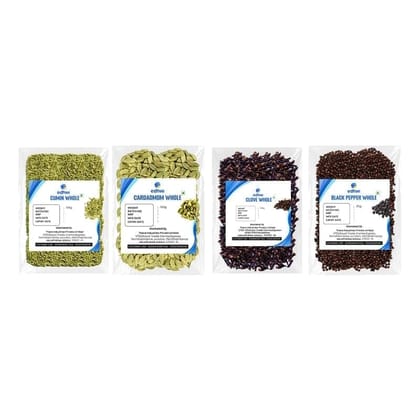 EDHWI Spices Combo- Black Pepper (25g), Clove (100gm), Cardamom (100gram) & Cumin (100g) Premium Natural Spices for Cooking & Flavoring, No Additives or Preservatives