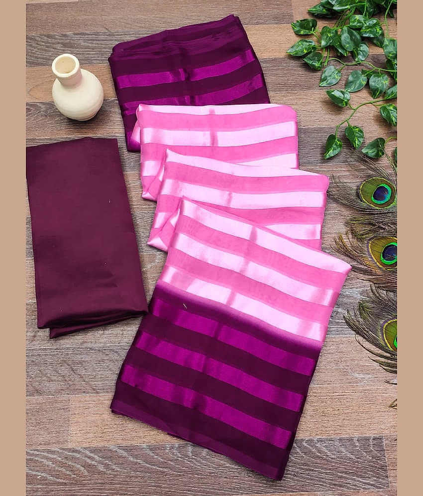 ANAND SAREES Satin Striped Saree With Unstitched Blouse Piece ( Magenta )