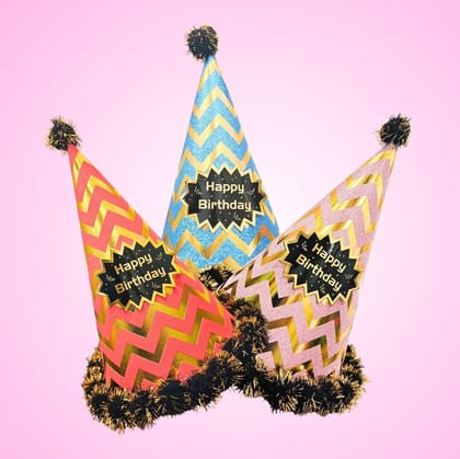 Happy Birthday Multicolor Hats Combo with Chevron Print laced with Pom Pom - 3PC