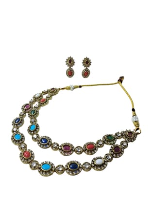 ANVAYACOLLECTIONS Multicolor Kundan Necklace Set with Matching Earrings, Antique Gold Toned Double Layer Statement Jewelry for Women
