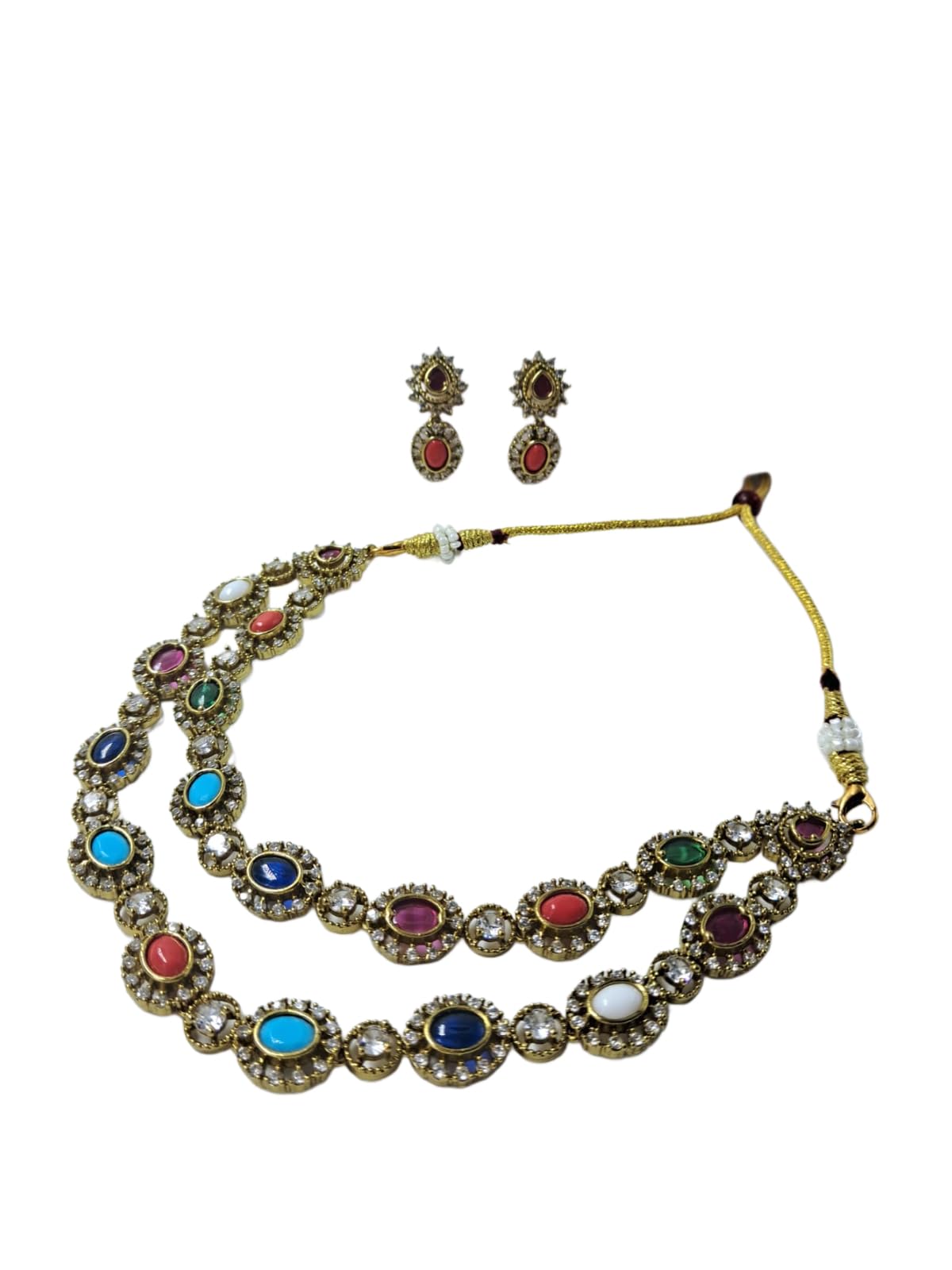 ANVAYACOLLECTIONS Multicolor Kundan Necklace Set with Matching Earrings, Antique Gold Toned Double Layer Statement Jewelry for Women