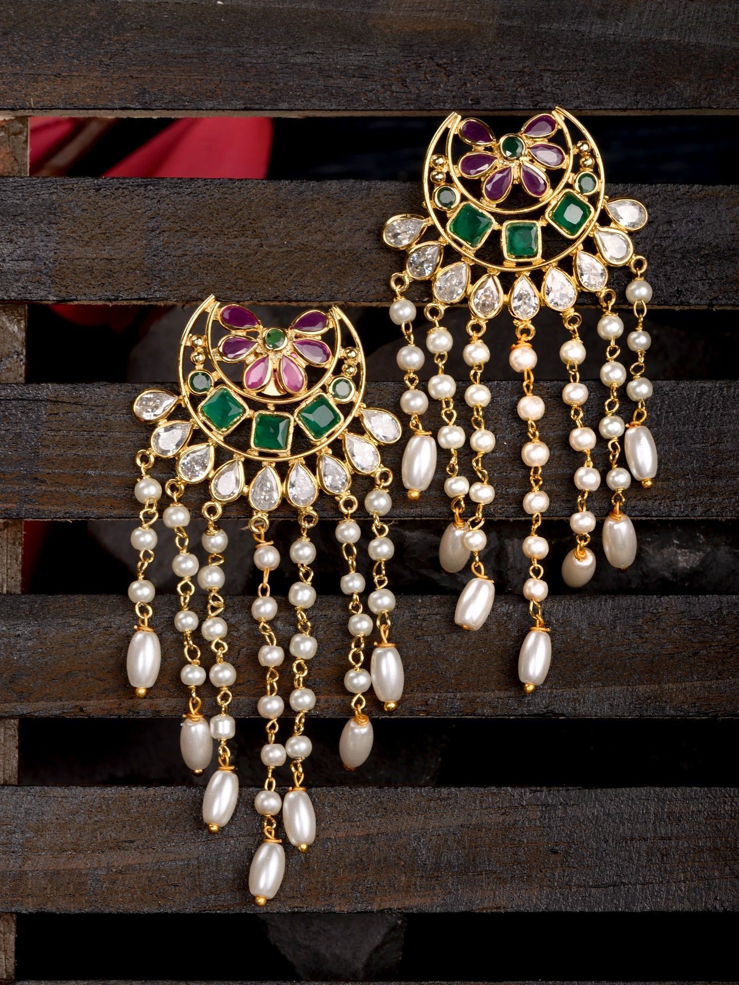 Gold Plated Red & Green AD Studded Crescent Shaped long Pearls Drop Earrings