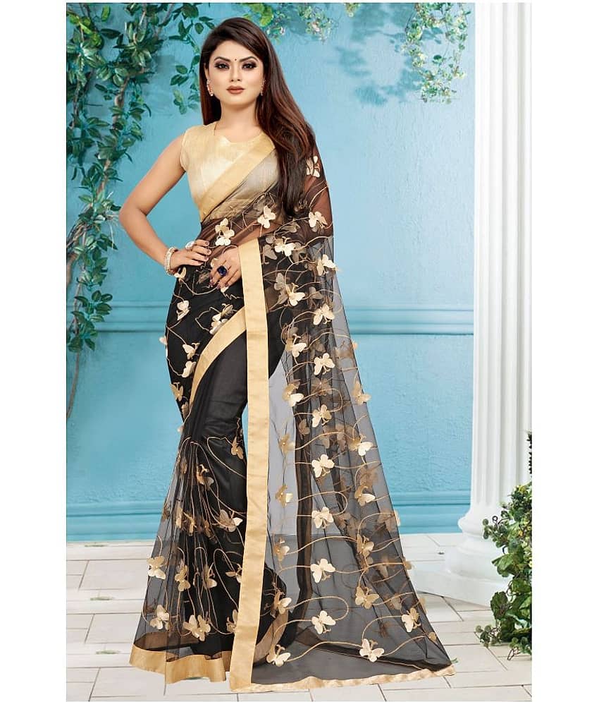 Gazal Fashions Net Applique Saree With Unstitched Blouse Piece ( Black )