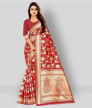 Gazal Fashions Banarasi Silk Embroidered Saree With Unstitched Blouse Piece ( Red )