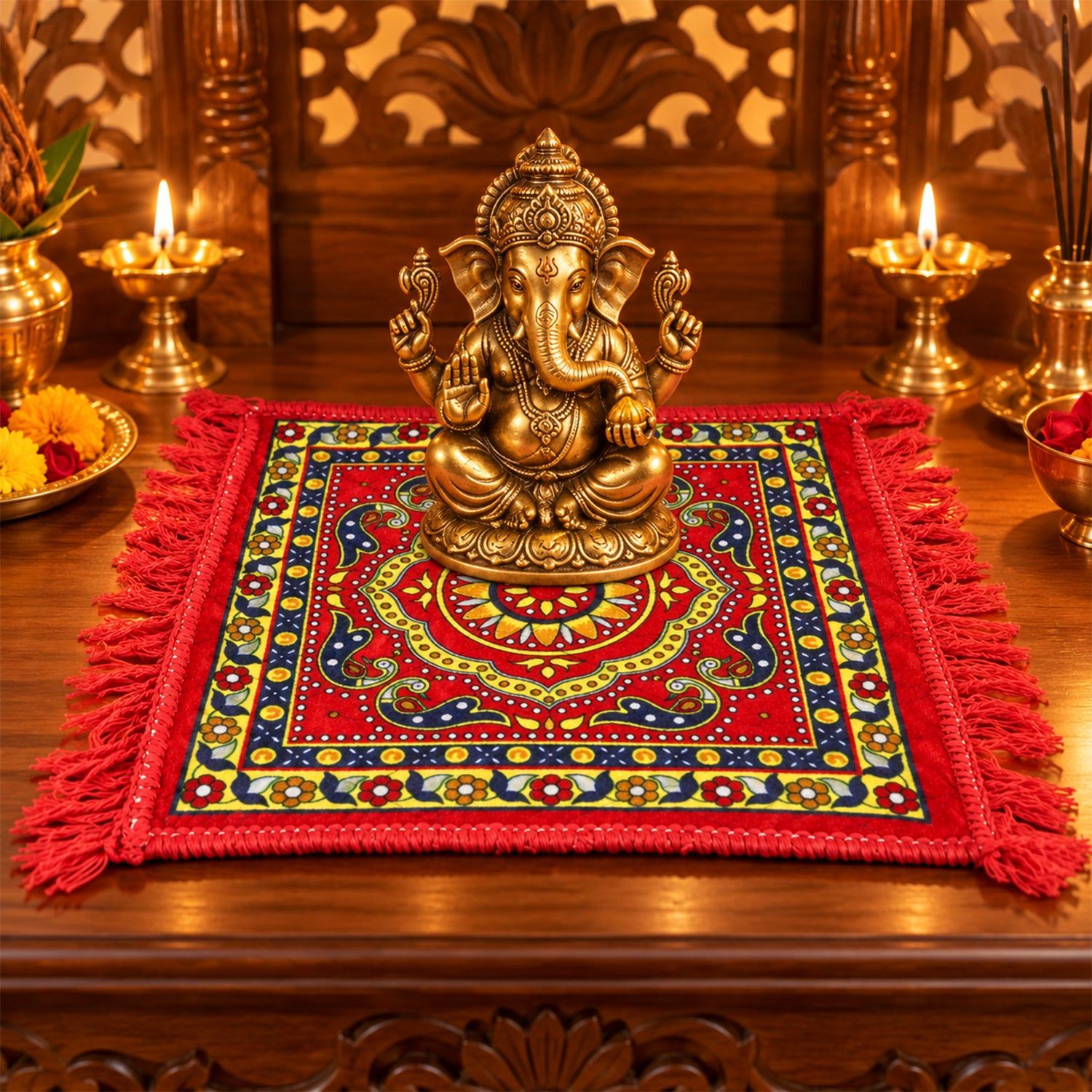 Pooja Aasan Prayer Mat with Traditional Print and Fringe (1 Pc, 46x46 Cm)