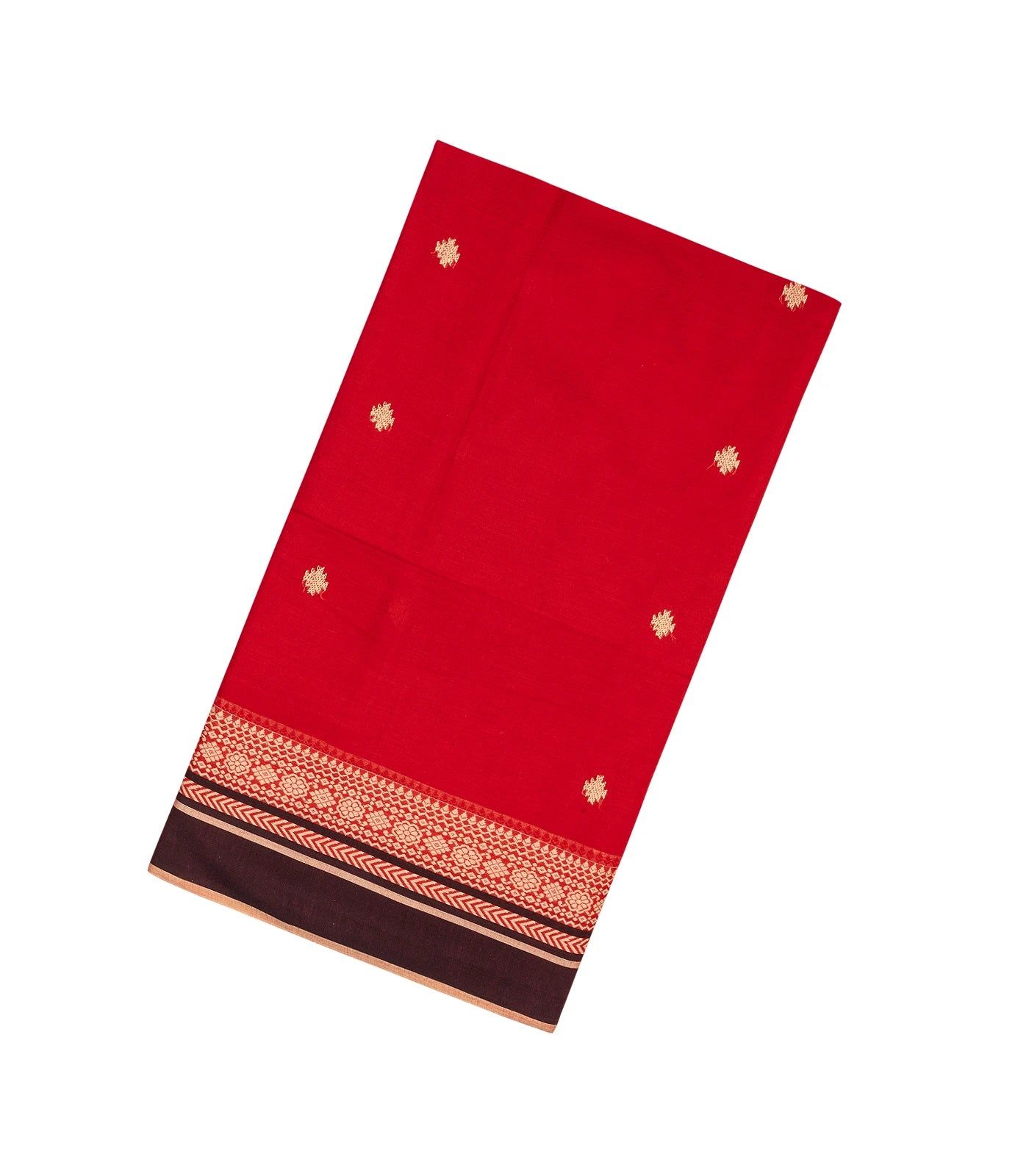 Red Handloom Bengal Cotton Saree With Temple Buttas-BG1086-Red