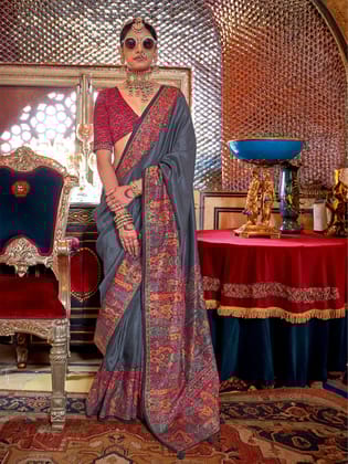 Navy Blue Soft Silk Stripes & Pashmina Printed Saree