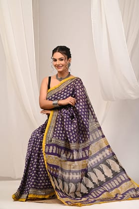 Hand block printed chanderi silk Sarees with blouse A