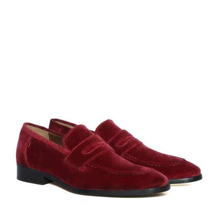 Customized "EXTRA HIGH HEEL" Wine Italian Velvet Leather Apron Toe Penny Loafers For Men By Brune & Bareskin-40/6
