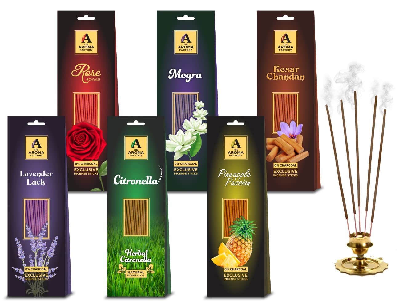 The Aroma Factory Wood Rose, Mogra, Citronella, Lavender, Chandan and Pineapple Agarbatti Packet (6 cm x 12 cm x 26 cm, Pack of 6 x 30)