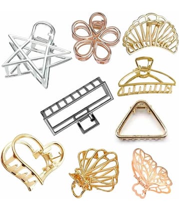 FOK Pack Of 9 Medium Metal Hollow Non Slip Hair Clutcher Clamp Claw Clips for Women Girls (Gold, Silver, Rose Gold, Black,)