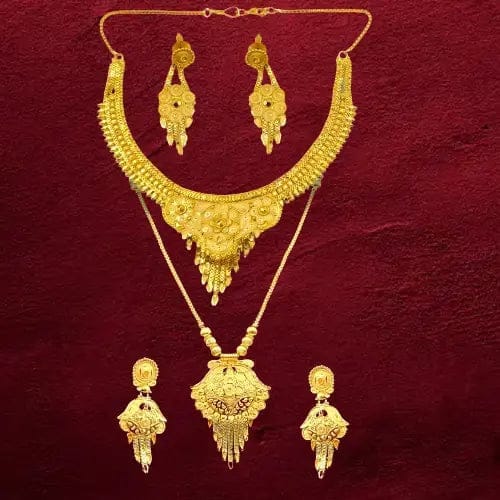 Exclusive One Gram Gold Bridal Combo Set: Choker, Long Necklace, and Earrings