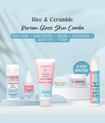 Glamveda Korean Glass Skin Rice & Ceramide 6 Step Daily Skincare Routine For Women with Gift&nbsp;Box | Face wash, Toner, Serum, Under eye cream, Moisturizer & Sunscreen