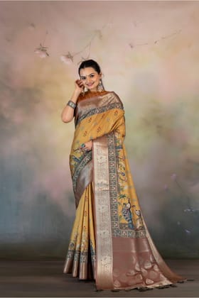 Yellow Peacock Print Jacquard Saree