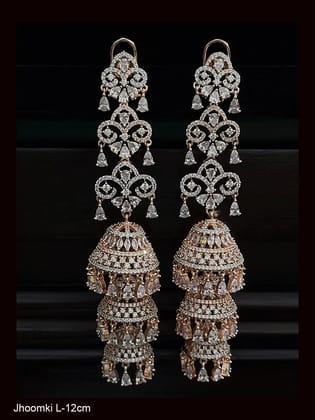 Rosegold finish 12 cm long AD triple layer jhoomki earrings with coloured tear drop stones-White