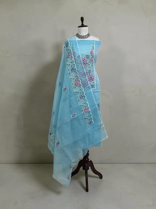 Kota Doria Cotton-Silk Dress Material with Hand-Embroidered Florals