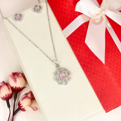 Cubic Zirconia Baby Pink Stone Rhodium Plated Flower Pendant Set - SIA446774_E